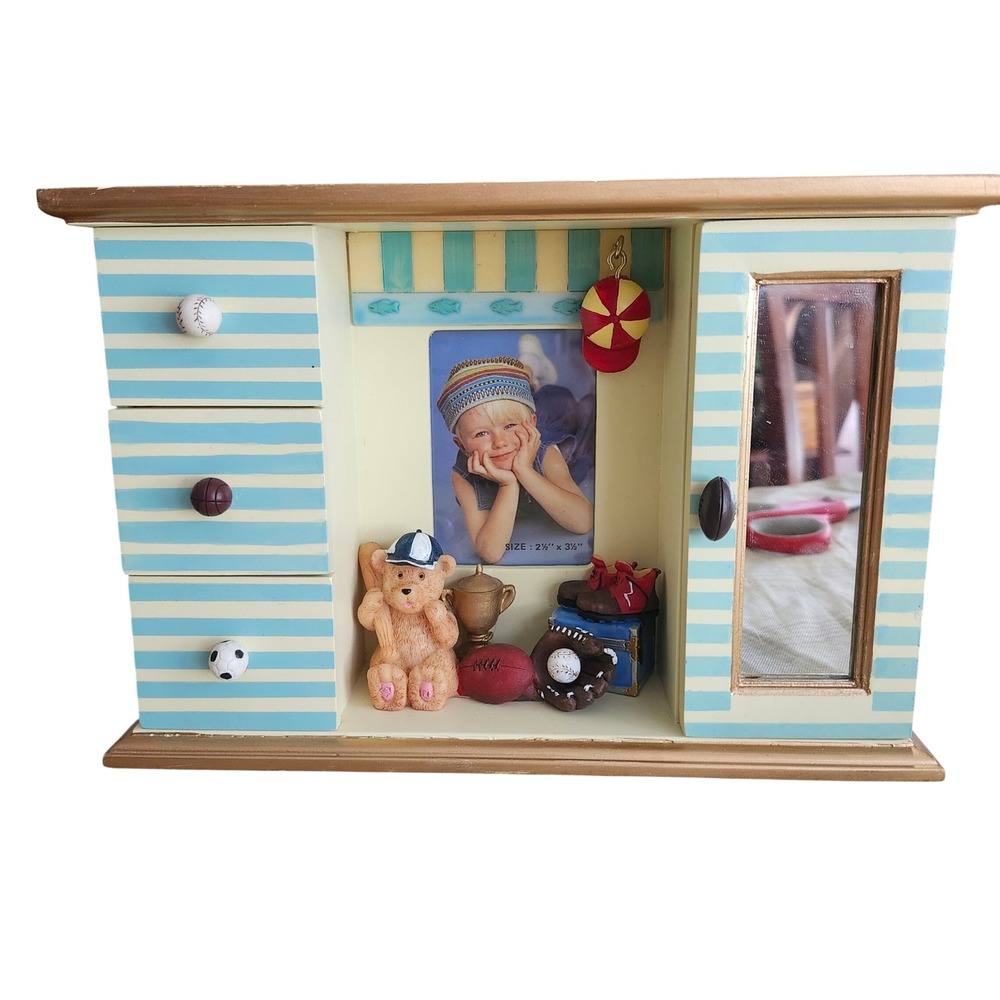 Little Boy Sports Theme Nursery Shadow Box Frame Blue Striped Decor Storage